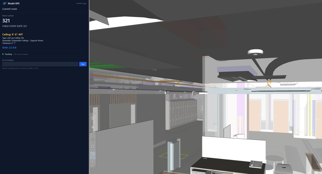 The Model GPS panel docked in Navisworks showing room 321, ceiling 9 feet 6 inches above finished floor, and grid J.2-6.6